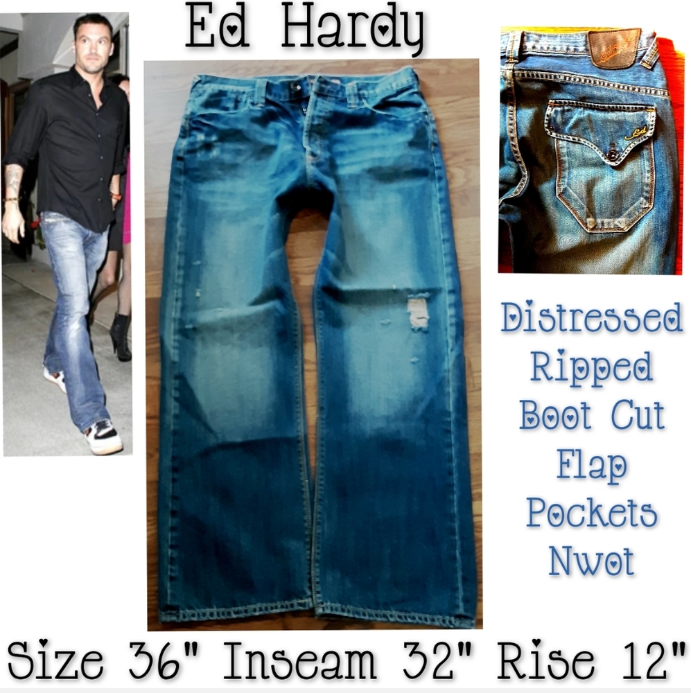 Ed Hardy Jeans Size 36 Distressed Boot Cut Flap